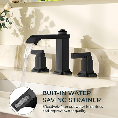 FORIOUS Bathroom Faucet 3 Hole Widespread Sink Faucets Matte Black | 3-hole 4-12 Inch Widespread Sink, Square Waterfall Spout, with Drain and Hoses,for Vanity Rv Commercial Lavatory Restroom