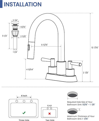 Bathroom Faucet with Pull Out Sprayer,Pull Down Bathroom Faucet 3 Holes,ORB | 4 Inch Centerset Vanity Faucet, Lead-Free,2 Handle Faucet with Pop Up Drain, Stainless Steel 3 Hole Faucet for RV Laundry