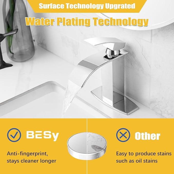 BESy Polished Chrome Waterfall Spout Bathroom Faucet, Single Handle Bathroom Sink Faucet with Pop-up Drain, Rv Vanity Faucet with Deck Plate & cUPC Supply Hoses, Polished Chrome, 1 or 3 Hole