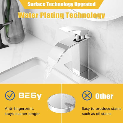 BESy Polished Chrome Waterfall Spout Bathroom Faucet, Single Handle Bathroom Sink Faucet with Pop-up Drain, Rv Vanity Faucet with Deck Plate & cUPC Supply Hoses, Polished Chrome, 1 or 3 Hole