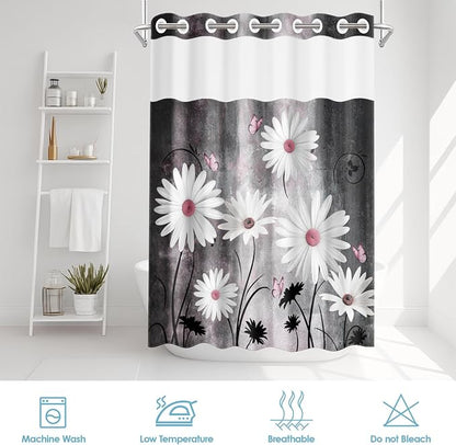 No Hook Shower Curtain with Snap in Liner 71x74 Inch Daisy Grey | Farmhouse Pink Butterfly Modern Double Layers Waterproof Fabric with See Through Top Window Open Grommet Bath Curtain