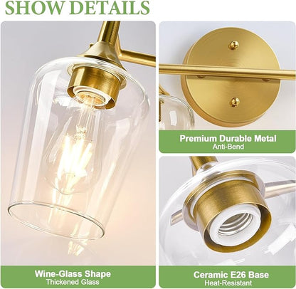 2-Light Bathroom Light Fixtures, Gold Vanity Lights for Bathroom with Clear Glass, Bathroom Lighting Fixtures Over Mirror, Modern Wall lamp for Cabinet Hallway