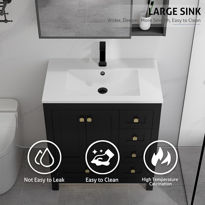 LUCKWIND 30" Bathroom Vanity and Sink Combos, Modern Bathroom Storage Painted Cabinet with Undercounter Resin Single Sink Top, Matte Black Faucet and 5 Drawers, Mirror Not Included, Black