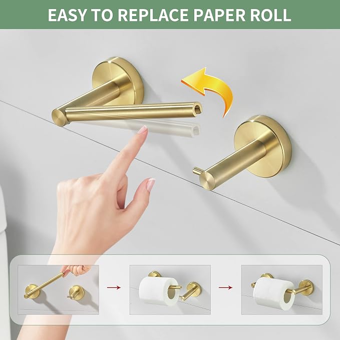 4 Pieces Brushed Gold Bathroom Hardware, Accessories Set Includes 15 to 24 Inch Adjustable Towel Bar Double Post Toilet Paper Holder Towel Ring Robe Hook Wall Mount Hand Towel Holder