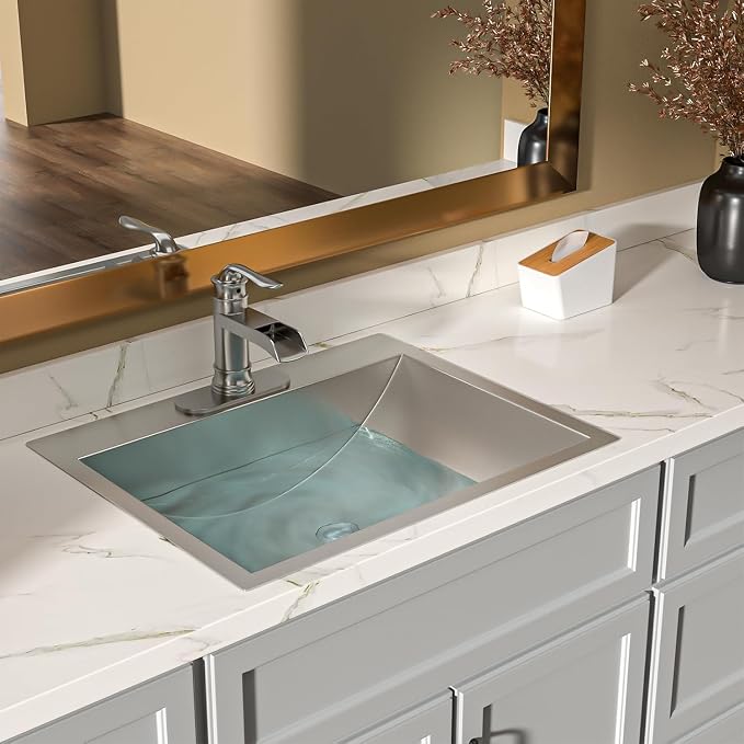 Lordear Stainless Steel Bathroom Sink 20x17 Inch Rectangular 304 Stainless Steel Vanity Topmount Lavatory Sink, Modern Drop In Bathroom Basin with Pop Up Drain Assembly