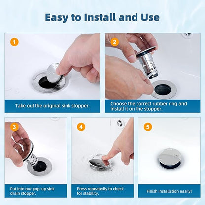 Hibbent Upgraded 3 in 1 Bathroom Sink Drain Strainer, Universal Pop Up Sink Stopper with Big Push Cap, Anti-Clogging Metal Filter Basket,Sink Plug with Hair Catcher for 1.1''~2.36'' Basin, Chrome