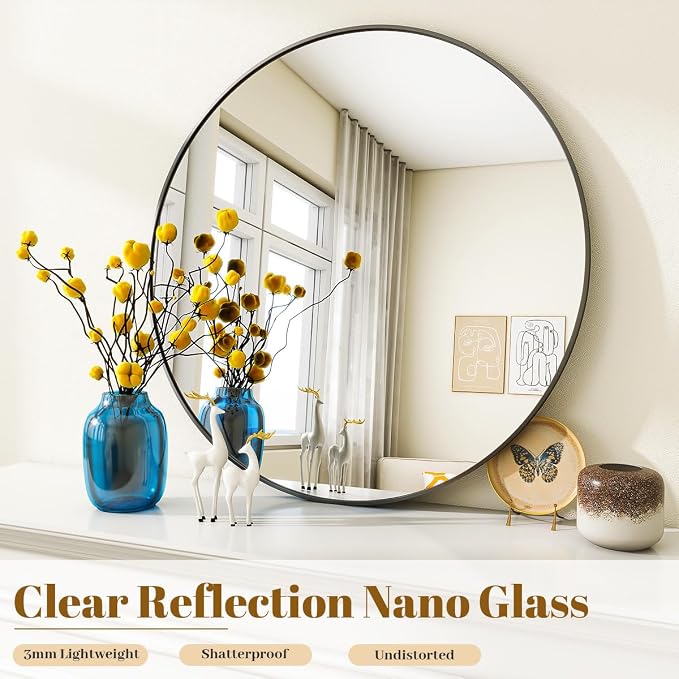 Black Round Mirror, Small 16" Circle Mirror, Round Wall Mirror with Simple Metal Frame, Modern Round Mirror Hanging for Bathroom, Bedroom, Entryway Wall Decoration, (16" Black)