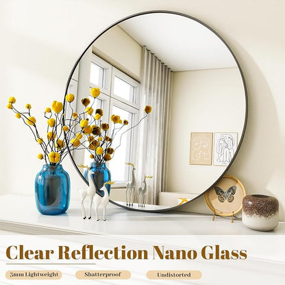 Black Round Mirror, Small 16" Circle Mirror, Round Wall Mirror with Simple Metal Frame, Modern Round Mirror Hanging for Bathroom, Bedroom, Entryway Wall Decoration, (16" Black)