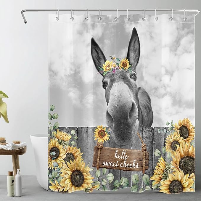 HVEST Farmhouse Donkey Shower Curtain for Bathroom Funny Western Wild Animal with Sunflower on Wood Shower Curtain with Hooks Yellow Floral with Eucalyptus Bathroom Curtain Shower Set,72L X 60W inches