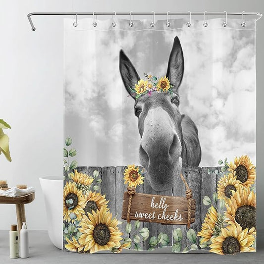 HVEST Farmhouse Donkey Shower Curtain for Bathroom Funny Western Wild Animal with Sunflower on Wood Shower Curtain with Hooks Yellow Floral with Eucalyptus Bathroom Curtain Shower Set,72L X 60W inches