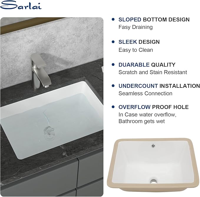 Sarlai Undermount Rectangular Vessel Sink - 20 x 14.5 inch Modern White Ceramic Art Basin with Overflow