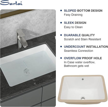 Sarlai Undermount Rectangular Vessel Sink - 20 x 14.5 inch Modern White Ceramic Art Basin with Overflow