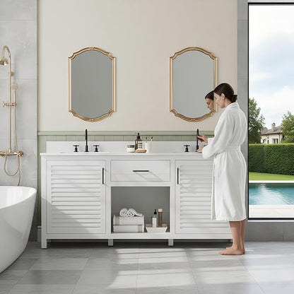 72" White Double Sink Bathroom Vanity with Quartz Countertop | Pre-Assembled Freestanding Bathroom Vanity Cabinet with Dual cUPC Ceramic Basins & Soft Close Doors