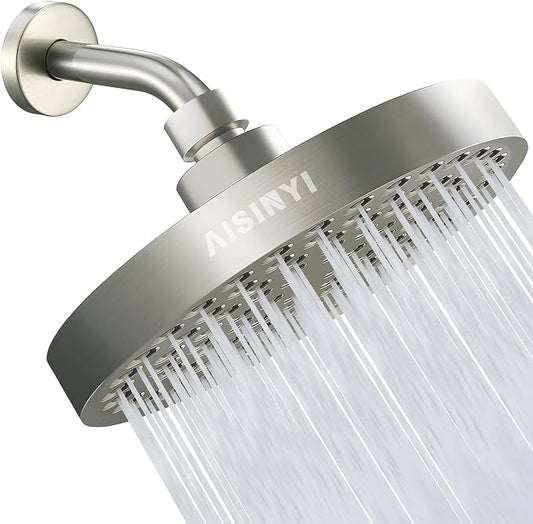6" High Pressure Rain Shower Head, Luxury Brushed Nickel Finish | 6 Inch Fixed Bathroom Showerhead, Adjustable Replacement, 90 Anti-Clog Nozzles, Removable Restrictor, Tool-Free Easy Install