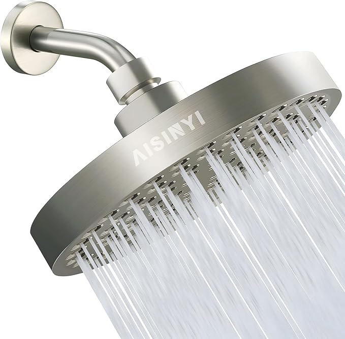 6" Rain Shower Head & 6" Shower Arm, Luxury Brushed Nickel Finish | High Pressure 6 Inch Fixed Showerhead, Adjustable Replacement, 90 Nozzles, Removable Restrictor, Tool-Free Easy to Install
