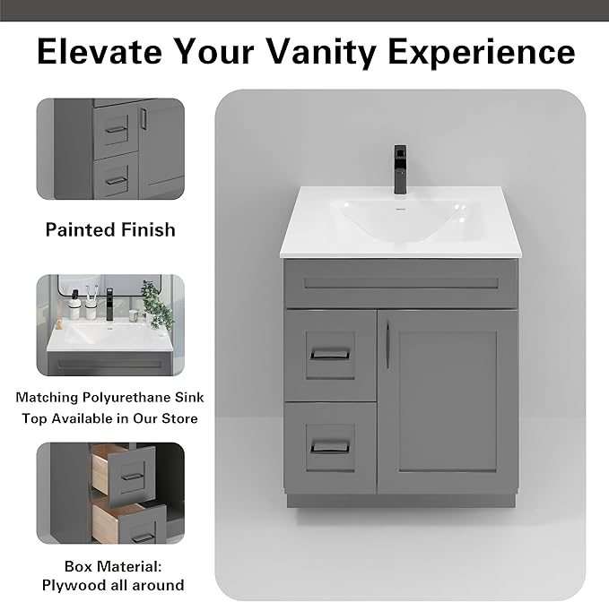 30" Shaker Bathroom Vanity Sink Base with Drawers (Ready-to-Assemble) (Grey Shaker Vanity Base)