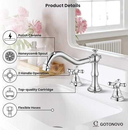 gotonovo Bathroom Faucet 3 Hole 8 Inch Widespread Bathroom Sink Faucet 2 Cross Handles Vintage Lavatory Vanity Mixer Tap with Pop Up Drain, Round Font Label, Polish Chrome