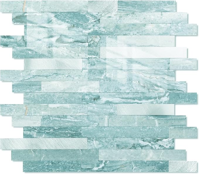 Yipscazo 10 Sheets Peel and Stick Stone Metal Tile Backsplash, Stick on Tiles for Backsplash Kitchen, Bathroom, Laundry Room, Camper, Fireplace (12'' X 12'', Cyan)