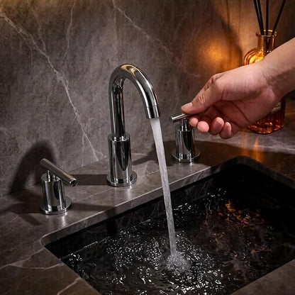TRUSTMI Chrome Bathroom Faucet 3 Hole 8" Widespread, Swivel Spout & Drain | Heavy-Duty Brass Construction, Includes Overflow Drain & cUPC Supply Lines, fits 3-Hole 6–12" Vanity Sinks, Easy to Install