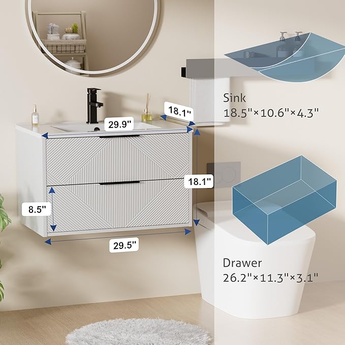 LUCKWIND 30" Floating Bathroom Vanity with Sink Combo, Wall Mounted Floating Cabinet with 2 Large Soft-Close Drawers & Water Saving Faucet, Geometric Textured Design in White