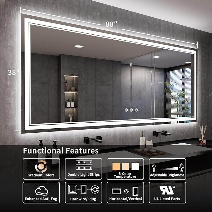 Bathroom Mirrors for Wall, 88x38 Inch Gradient Front and Backlight Big Lighted Mirror, 3 Colors Dimmable CRI>90 Double Lights, IP54 Enhanced Anti-Fog, LED Mirror for Bathroom