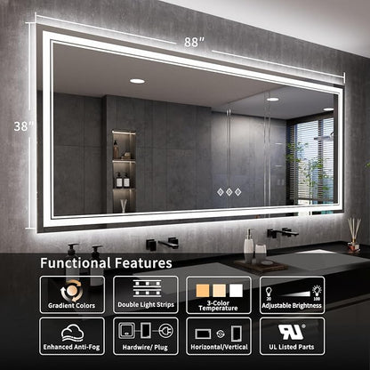 Bathroom Mirrors for Wall, 88x38 Inch Gradient Front and Backlight Big Lighted Mirror, 3 Colors Dimmable CRI>90 Double Lights, IP54 Enhanced Anti-Fog, LED Mirror for Bathroom
