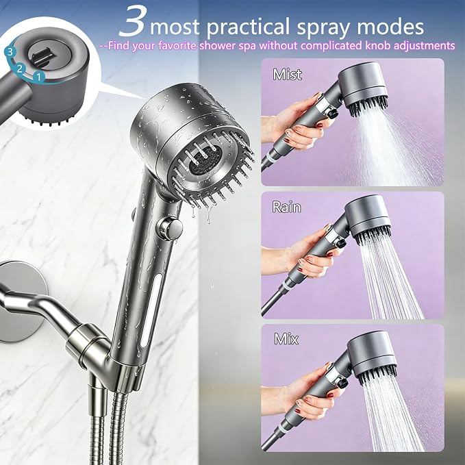 Ion High Pressure Filtered Shower Head with Handheld & Hose for Hard Water | 12 Filters Water Softener for Dry Skin & Hair, 4 Spray Modes, Pause Switch, Scalp Massager, 75" Hose, 2 Bracket | Kids & Pets