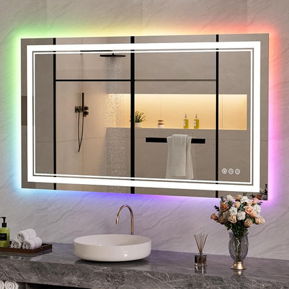 48x28 Inch RGB LED Bathroom Mirror with Lights | Front and RGB Backlit, Dimmable, Memory, Anti Fog, Shatterproof, Horizontal/Vertical, Lighted Mirrors for Bathroom Wall