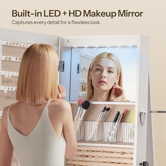 HOOBRO 360° Swivel Jewelry Cabinet with LED Lights, Standing Jewelry Armoire with 2 Drawers, Rotatable Full-Length Mirror Jewelry Organizer, Lockable Jewelry Storage Cabinet Makeup Brush Boxes, White