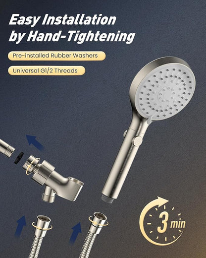 FASDUNT High Pressure Handheld Shower Head with Hose, Brushed Nickel | 80" Extra Long Stainless Steel Hose & Adjustable Bracket, Shower Heads with ON/OFF Switch for Pets Bath