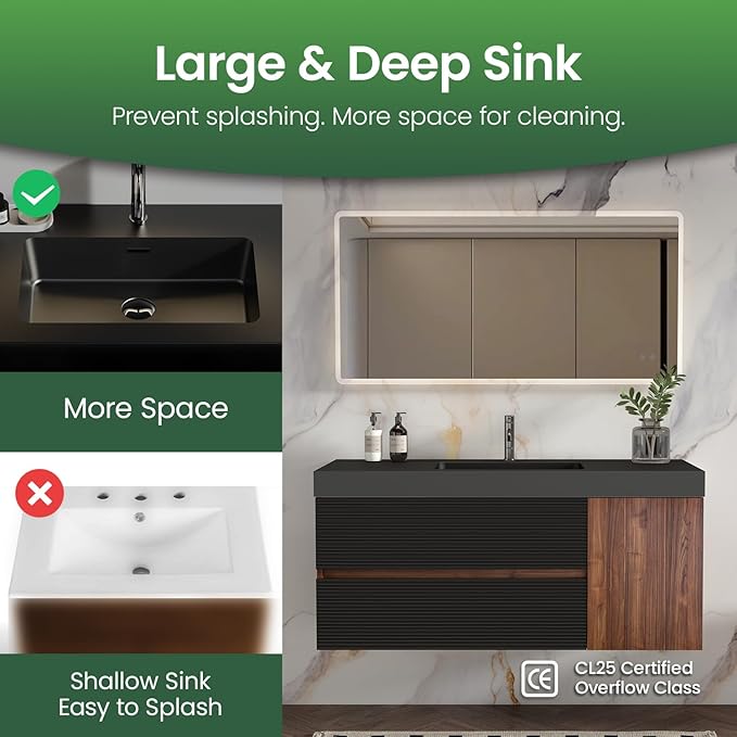 48 Inch Bathroom Vanity with Sink, Floating Bathroom Cabinet with 2 Soft-Closing Drawers & 1 Door, Large Storage for Apartment, Hotel, Walnut+Black, Black Sink(Already Assembled)