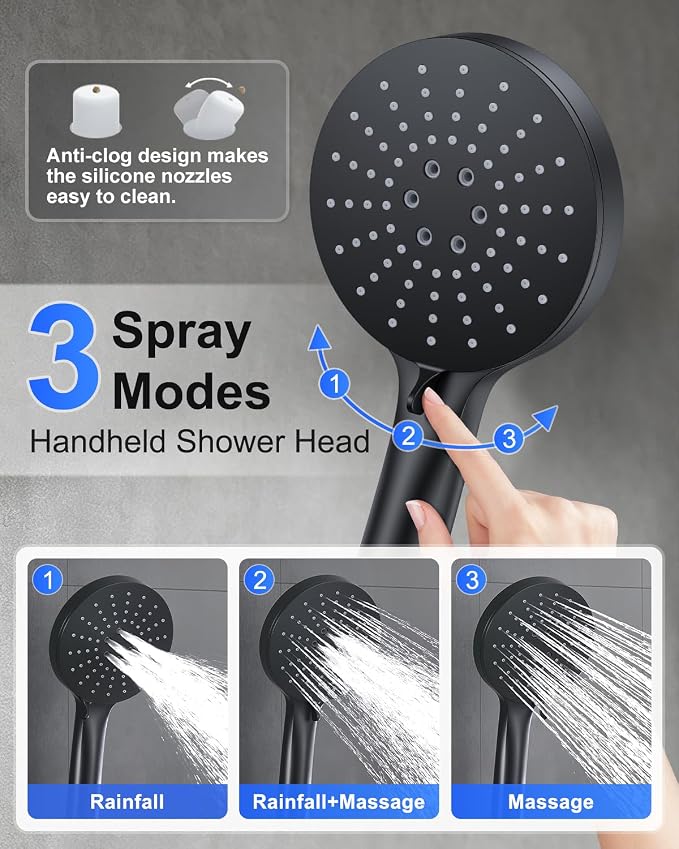 Iriber Matte Black Shower head with Handheld,8"+10" Rain Shower Faucet Set | 10 Inch Ceiling +8 Inch Wall Mount Dual Shower Heads,Push Button Diverter,3 Setting Handheld,Pressure Balance Valve Cartridge