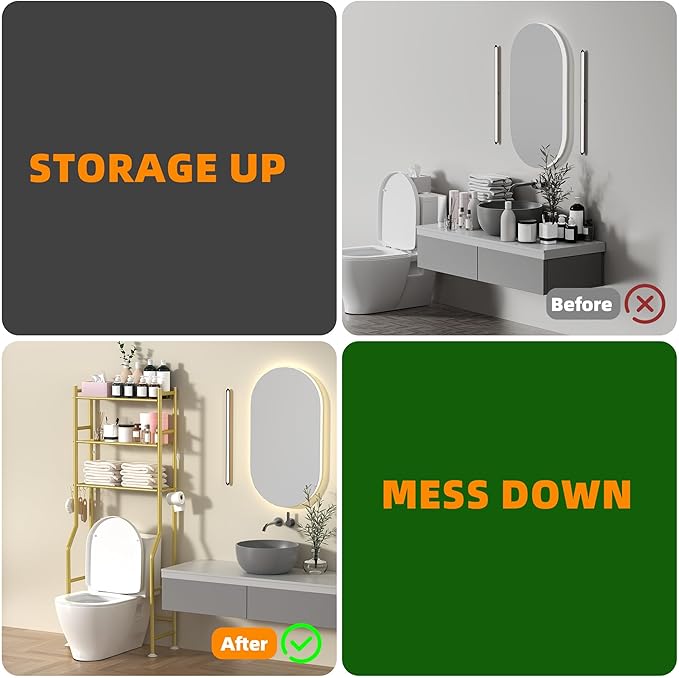 3-Tier Over Toilet Storage with Anti-Tilt Safety System - 150lb Total Capacity Metal Bathroom Shelves Including Paper Holder & 4 Hooks, Space Saving Above Commode Organizer (64" H, Gold)
