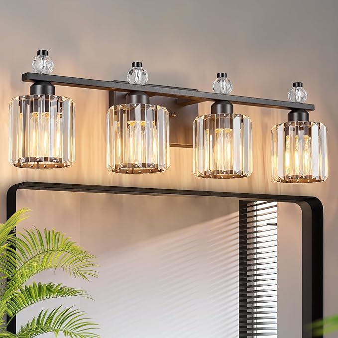 Bathroom Vanity Lights 4-Light Sand Black Modern Crystal Vanity Light Fixtures Over Mirror Crystal Bathroom Vanity Lighting Fixtures