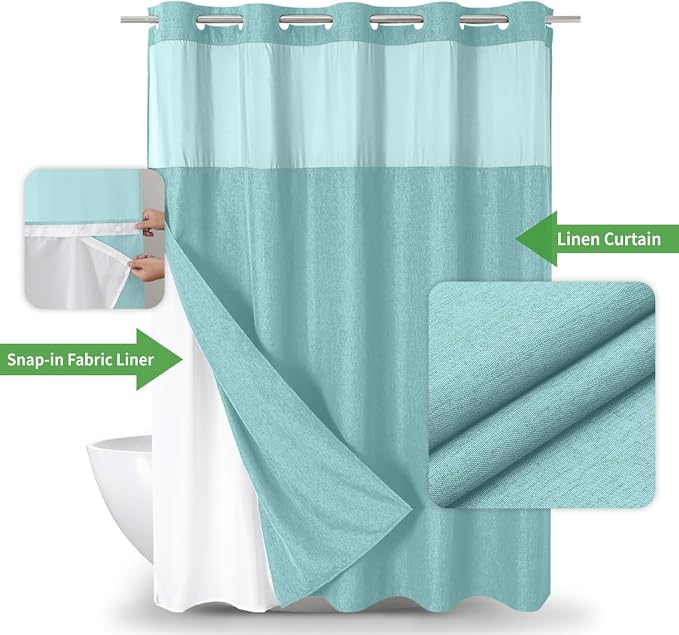 eachope No Hook Linen Texture Shower Curtain with Snap-in Liner,71x74 Teal | 230GSM Thick Fabric,Hotel Luxury Decor,Mesh Top Window,Magnetic Weighted Hem,Waterproof & Machine Washable,for Bathroom