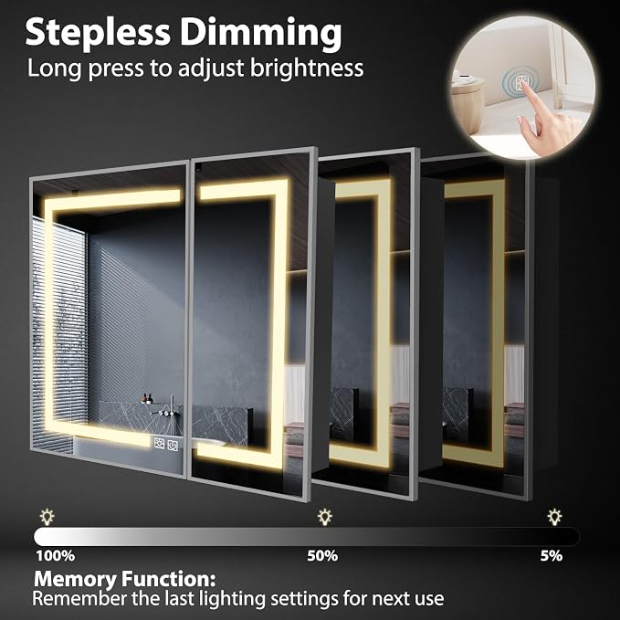 ROOMTEC 36 x 30 Inch Medicine Cabinet Mirror with LED Lights, Silver Bathroom Medicine Cabinet with Mirror and Storage, Recessed or Wall Mount, 3 Color Temperature, Dimmable Light