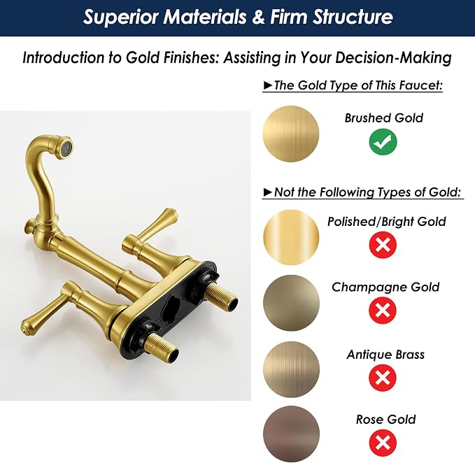 4" Centerset Brushed Gold Bathroom Faucets for 2/3-Hole Sinks | Includes Plastic Pop-Up Drain, Classic 4" Center Set Lavatory/Bath Vanity Faucets, 2-Handle High Arc 360° Swivel Brass Spout
