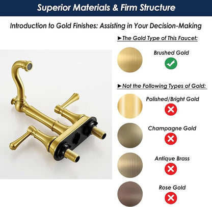 4" Centerset Brushed Gold Bathroom Faucets for 2/3-Hole Sinks | Includes Plastic Pop-Up Drain, Classic 4" Center Set Lavatory/Bath Vanity Faucets, 2-Handle High Arc 360° Swivel Brass Spout