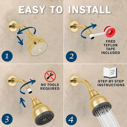 High Pressure Shower Head - 1.8 GPM - Polished Brass | Best 3 Inch Wall Mount Bathroom Showerhead For Boosting Low Flow With Anti-Clog Nozzles, Adjustable Brass Ball Joint