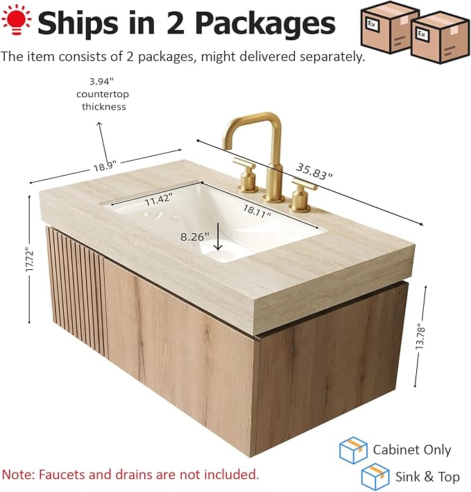 Ambrovina 36" Floating Bathroom Vanity with Sink, Wall Mounted Storage Vanities with Drawer and Door, Roma Travertine-Pattern Countertop and 3 Pre-drilled Faucet Holes Ceramic Basin, Light Oak