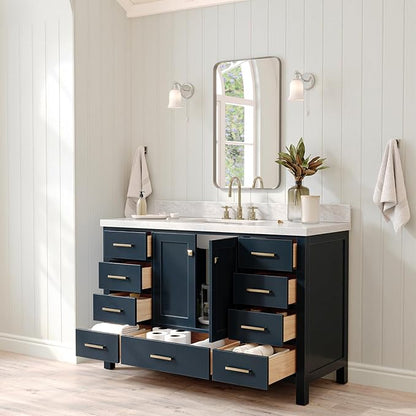 ARIEL Cambridge 54-inch Bathroom Vanity with Sink,Solid Wood, 1.5-inch Italian Carrara Marble Countertop, Single Rectangular Porcelain Sink, 2 Soft Closing Doors, 9 Dovetail Drawers, Midnight Blue