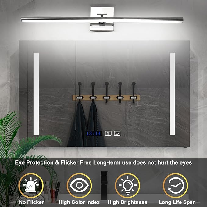 LED Bathroom Vanity Light, Modern Bathroom Light Fixture Over Mirror (3000K/4000K/6000K, Dimmable), Vanity Light Bar with Angle Adjustable, 32 Inch, Chrome