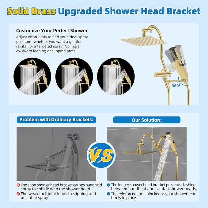 Hibbent All Metal cUPC Certified Shower Head, 10'' High Pressure Rainfall Shower Head Combo, Handheld Shower Wand, 12'' Adjustable Extension Arm, 4-Spray, 71'' Hose, Shower Holder, Brushed Gold