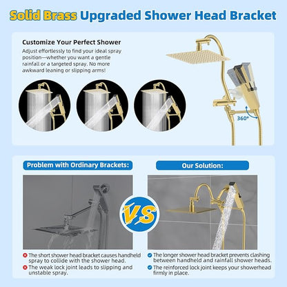 Hibbent All Metal cUPC Certified Shower Head, 10'' High Pressure Rainfall Shower Head Combo, Handheld Shower Wand, 12'' Adjustable Extension Arm, 4-Spray, 71'' Hose, Shower Holder, Brushed Gold
