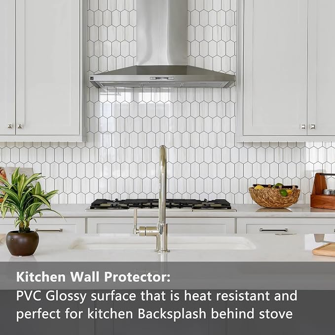 Vamos Tile Long Hexagon Peel and Stick Backsplash Tile - 10 Sheets Stick on Backsplash for Kitchen and Bathroom 12.4 x 12 Inch Glossy Dolomite White PVC Self Adhesive Mosaic Wall Tiles