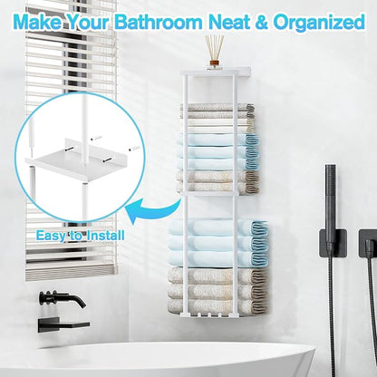 Liuoud Towel Rack for Bathroom, Wall Mounted Vertical Rolled Towel Storage Organizer Holder with Shelf, Holds Up 6 Large Bath Sheets, White