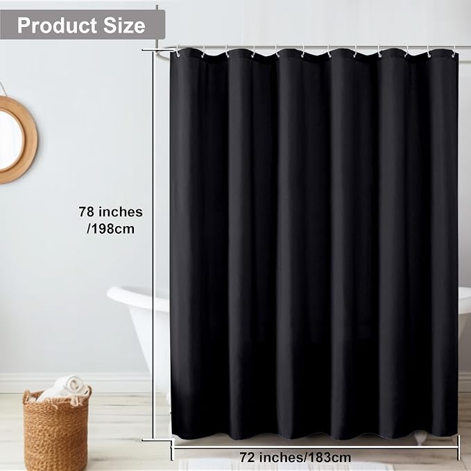 OVZME Zora 78 Inch Shower Curtain Set with 12 Plastic Hooks, Plain Fabric Black Shower Curtain for Bathroom - Long Shower Curtain, Water Resistance, Machine Washable Soft Cloth, 72WX78L, Black