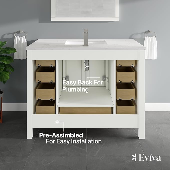 Eviva London 42 Inch Vanity with Top – Bath Vanity with Sink and Countertop, White Bathroom Sink Cabinet with Quartz Countertop and Porcelain Single Sink for Modern Bathrooms