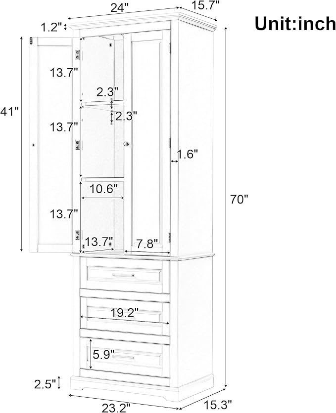 Merax 70" Pantry Cabinet with Two Doors & Three Drawer, Adjustable Shelves Storage Cupboard for Kitchen/Dining Room/Bathroom, Black