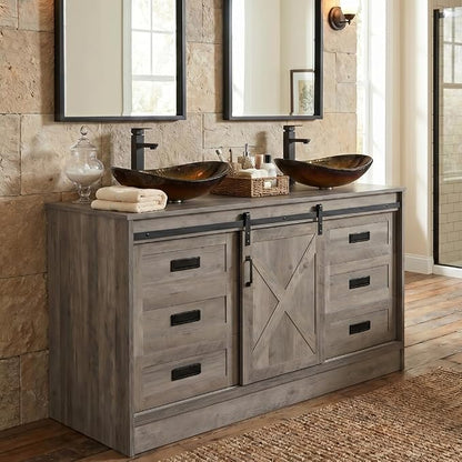 48" Barn Door Bathroom Vanity with 6 Drawers, Farmhouse Style Standing Pedestal Cabinet with Two Gold Boat Glass Vessel Sinks